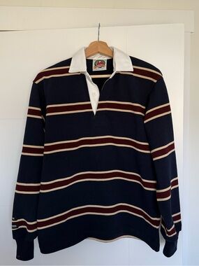 Vintage Rugby Stripe Polo - Navy with Burgundy & Cream - Unknown Brand